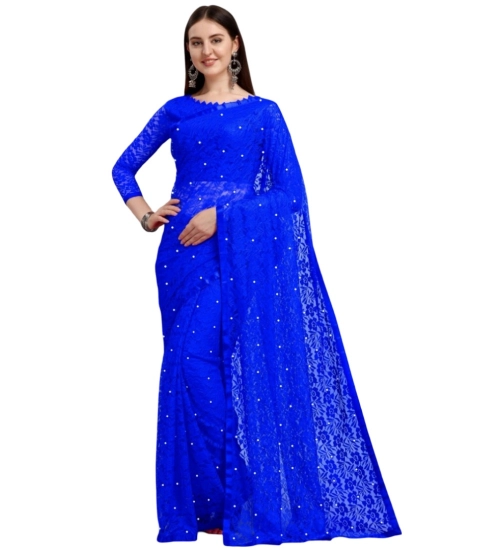 Generic Women's Velvet Embellished Bollywood Saree With Unstitched Blouse (5.5Mtr, Blue)