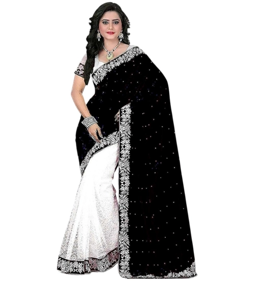 Generic Women's Velvet-Net Embroidered Saree With Unstitched Blouse (5.5Mtr, White-Black)