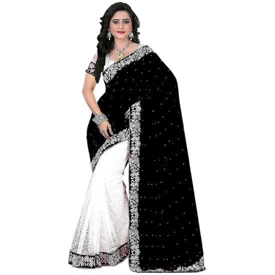 Generic Women's Velvet-Net Embroidered Saree With Unstitched Blouse (5.5Mtr, White-Black) Generic Women's Velvet-Net Embroidered Saree With Unstitched Blouse (5.5Mtr, White-Black)