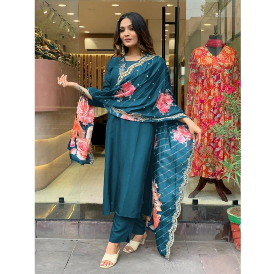 Generic Women's Viscose Rayon Embroidery 3-4th Sleeve V Neck Kurti Set With Dupatta (Turquoise Blue) Generic Women's Viscose Rayon Embroidery 3-4th Sleeve V Neck Kurti Set With Dupatta (Turquoise Blue)