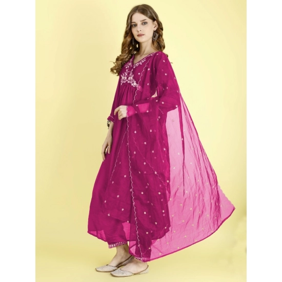 Generic Women's Vichitra Embroidery 3-4th Sleeve V Neck Alia Cut Kurti Set With Dupatta (Rani)