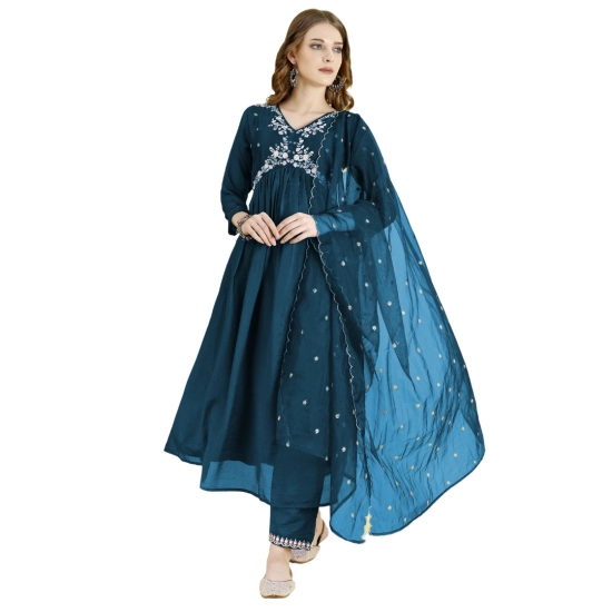 Generic Women's Vichitra Embroidery 3-4th Sleeve V Neck Alia Cut Kurti Set With Dupatta (Blue) Generic Women's Vichitra Embroidery 3-4th Sleeve V Neck Alia Cut Kurti Set With Dupatta (Blue)