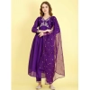Generic Women's Vichitra Embroidery 3-4th Sleeve V Neck Alia Cut Kurti Set With Dupatta (Purple)
