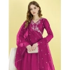Generic Women's Vichitra Embroidery 3-4th Sleeve V Neck Alia Cut Kurti Set With Dupatta (Rani)