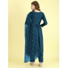 Generic Women's Vichitra Embroidery 3-4th Sleeve V Neck Alia Cut Kurti Set With Dupatta (Blue)