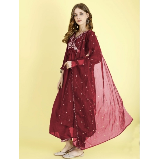 Generic Women's Vichitra Embroidery 3-4th Sleeve V Neck Alia Cut Kurti Set With Dupatta (Maroon) Generic Women's Vichitra Embroidery 3-4th Sleeve V Neck Alia Cut Kurti Set With Dupatta (Maroon)