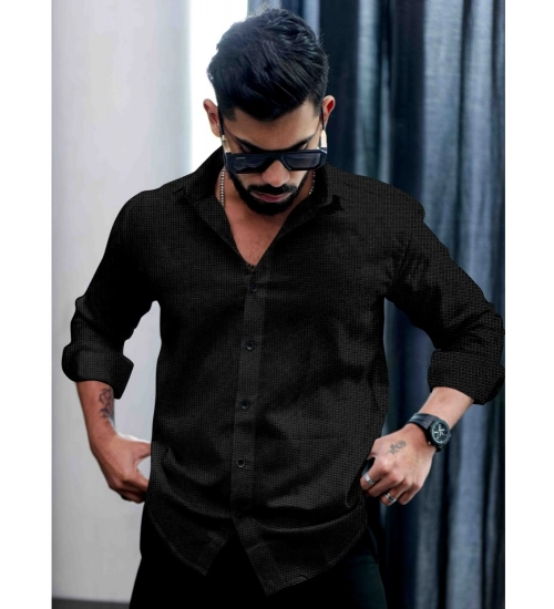 Generic Men's Casual PollyCotton Textured Full Sleeve Collar Shirt (Black)
