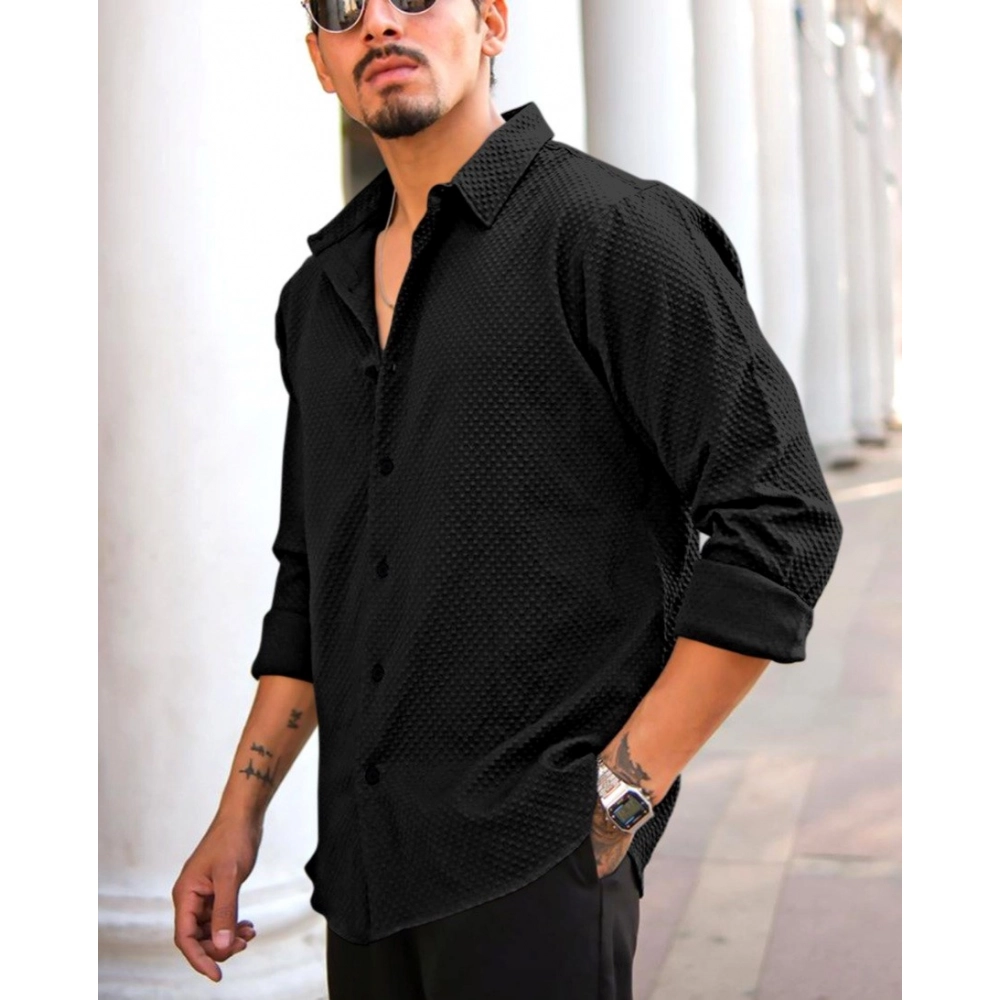 Generic Men's Casual Popcorn Self-design Full Sleeve Collar Shirt (Black) Generic Men's Casual Popcorn Self-design Full Sleeve Collar Shirt (Black)