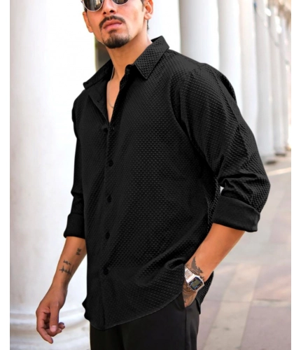 Generic Men's Casual Popcorn Self-design Full Sleeve Collar Shirt (Black)