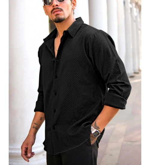 Generic Men's Casual Popcorn Self-design Full Sleeve Collar Shirt (Black)
