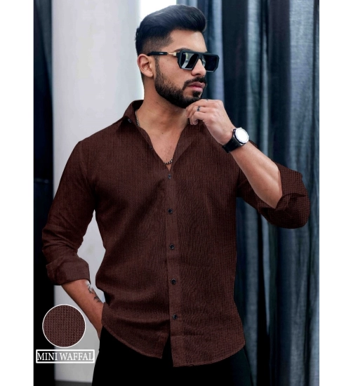 Generic Men's Casual PollyCotton Self-design Full Sleeve Collar Shirt (Brown)
