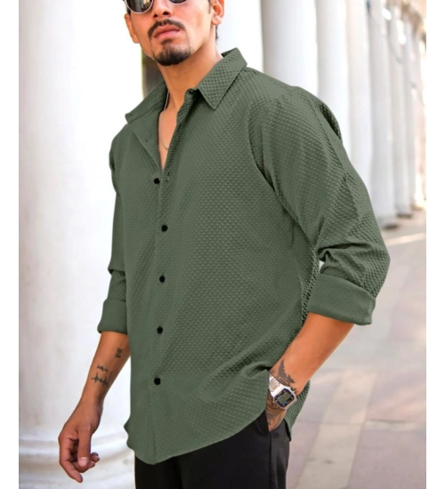 Generic Men's Casual Popcorn Self-design Full Sleeve Collar Shirt (Green)