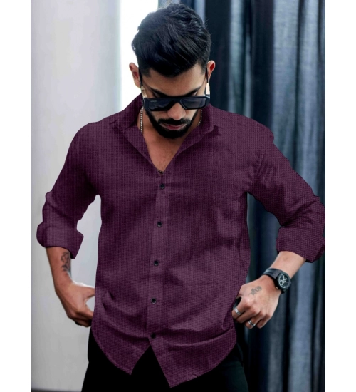 Generic Men's Casual PollyCotton Self-design Full Sleeve Collar Shirt (Wine)