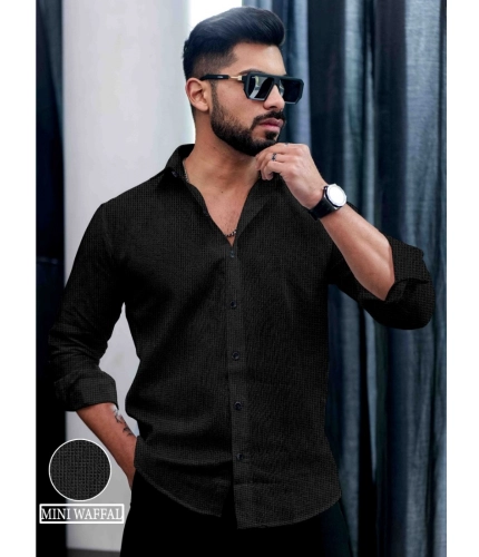 Generic Men's Casual PollyCotton Textured Full Sleeve Collar Shirt (Black)