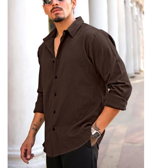 Generic Men's Casual Popcorn Self-design Full Sleeve Collar Shirt (Brown)