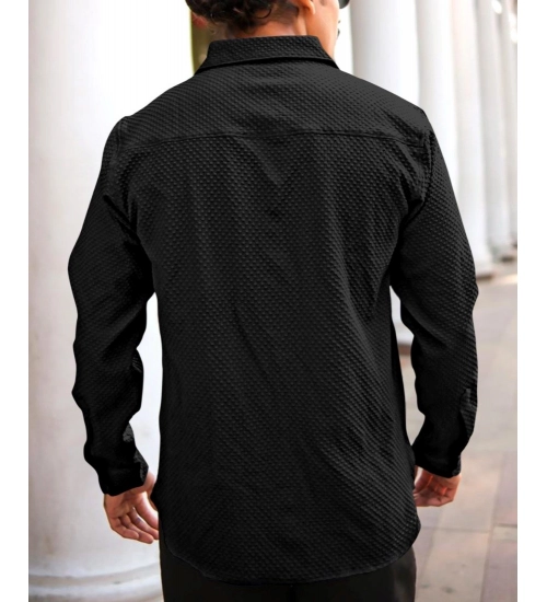 Generic Men's Casual Popcorn Self-design Full Sleeve Collar Shirt (Black)
