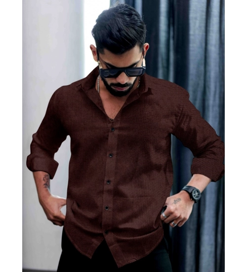 Generic Men's Casual PollyCotton Self-design Full Sleeve Collar Shirt (Brown)