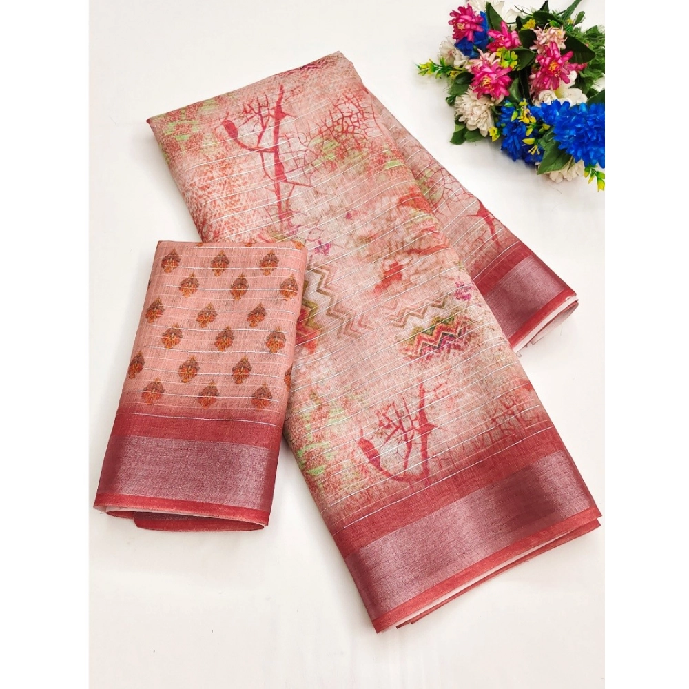 Generic Women's Cotton-Linen Printed Saree With Unstitched Blouse (5.5Mtr, Red)