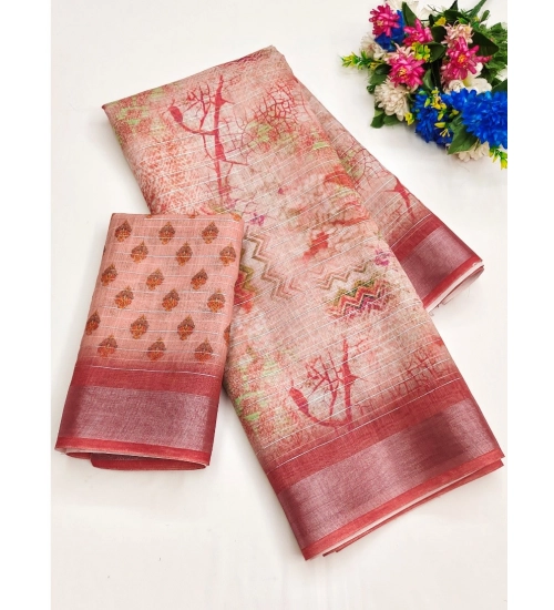 Generic Women's Cotton-Linen Printed Saree With Unstitched Blouse (5.5Mtr, Red)