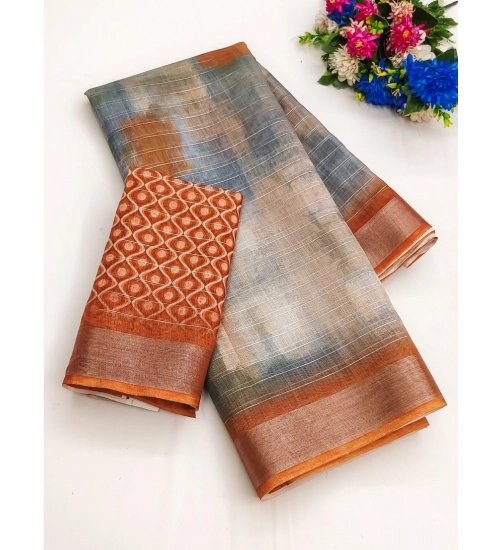 Generic Women's Cotton-Linen Printed Saree With Unstitched Blouse (5.5Mtr, Brown)