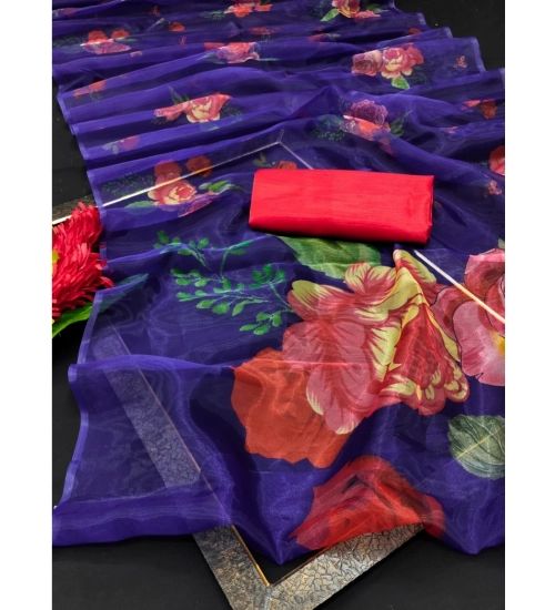 Generic Women's Organza Printed Saree With Unstitched Blouse (5.5Mtr, Blue)
