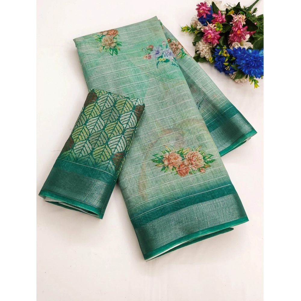 Generic Women's Cotton-Linen Printed Saree With Unstitched Blouse (5.5Mtr, Green)
