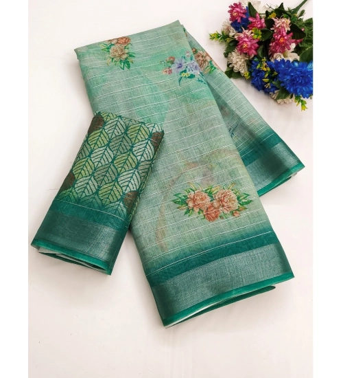Generic Women's Cotton-Linen Printed Saree With Unstitched Blouse (5.5Mtr, Green)