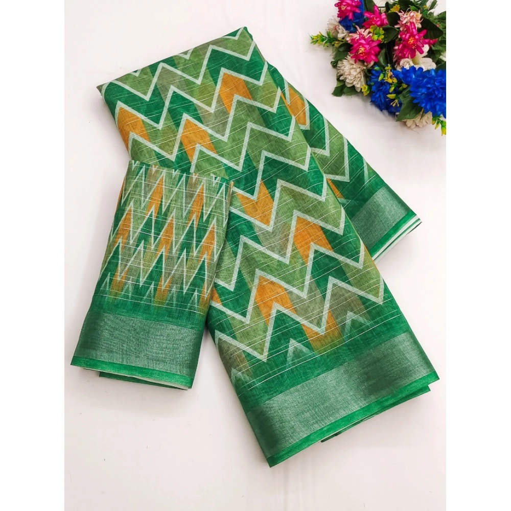 Generic Women's Cotton-Linen Printed Saree With Unstitched Blouse (5.5Mtr, Green)