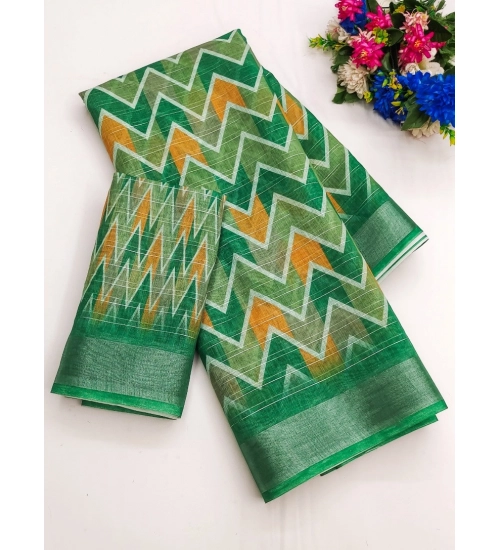 Generic Women's Cotton-Linen Printed Saree With Unstitched Blouse (5.5Mtr, Green)