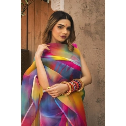 Generic Women's Organza Printed Saree With Unstitched Blouse (5.5Mtr, Multicolor)