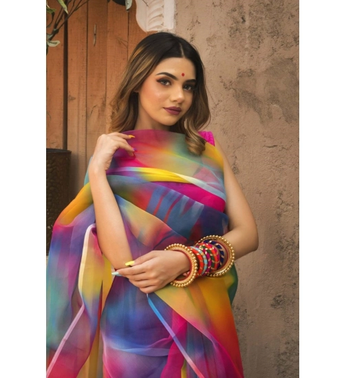Generic Women's Organza Printed Saree With Unstitched Blouse (5.5Mtr, Multicolor)
