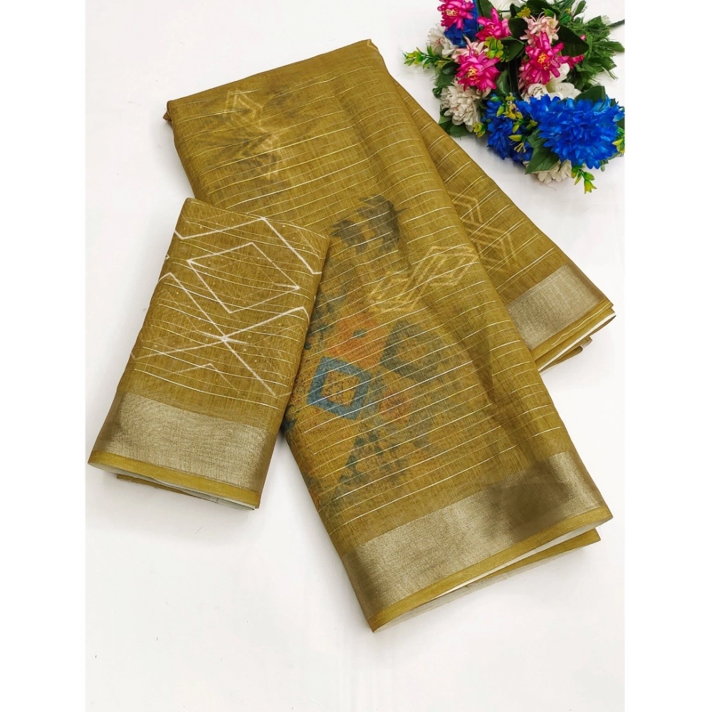 Generic Women's Cotton-Linen Printed Saree With Unstitched Blouse (5.5Mtr, Mustard)