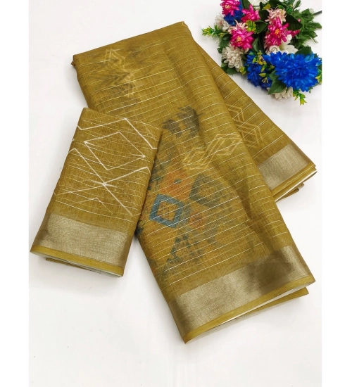 Generic Women's Cotton-Linen Printed Saree With Unstitched Blouse (5.5Mtr, Mustard)
