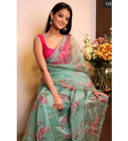Generic Women's Organza Printed Saree With Unstitched Blouse (5.5Mtr, Rama)