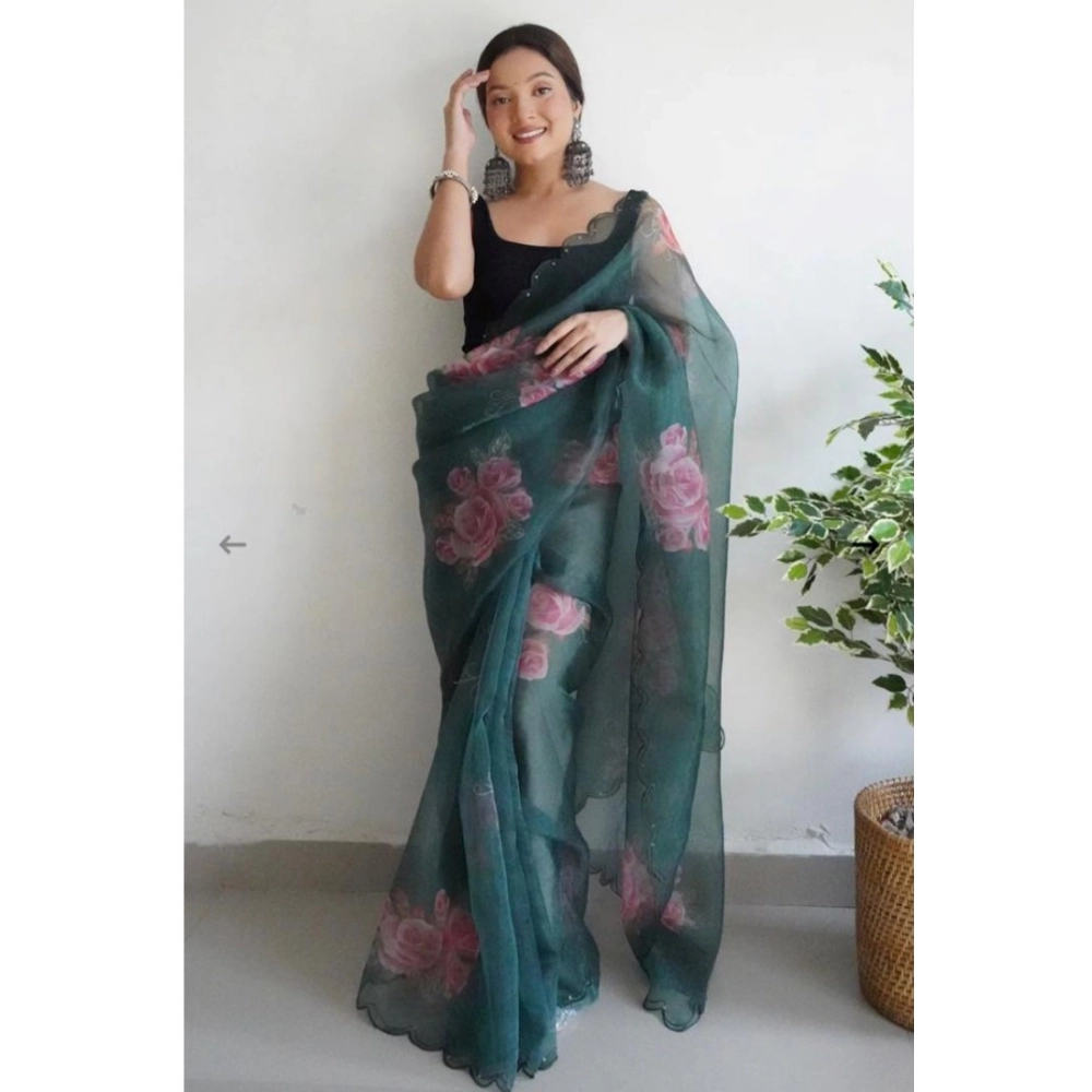 Generic Women's Organza Printed Saree With Unstitched Blouse (5.5Mtr, Green)
