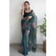Generic Women's Organza Printed Saree With Unstitched Blouse (5.5Mtr, Green)