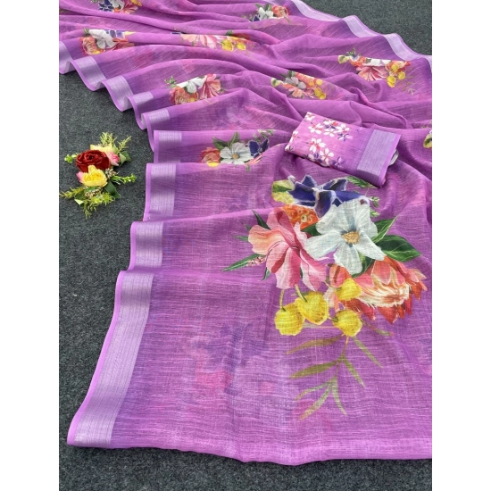 Generic Women's Cotton Linen Printed Saree With Unstitched Blouse (5.5Mtr, Purple) Generic Women's Cotton Linen Printed Saree With Unstitched Blouse (5.5Mtr, Purple)