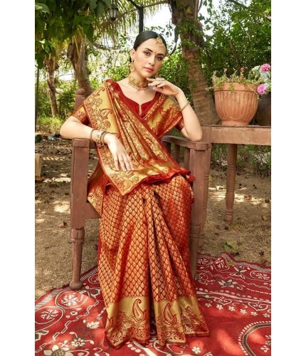 Generic Women's Silk Woven Kanjivaram Saree With Unstitched Blouse (5.5Mtr, Red) Generic Women's Silk Woven Kanjivaram Saree With Unstitched Blouse (5.5Mtr, Red)
