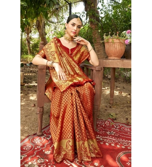 Generic Women's Silk Woven Kanjivaram Saree With Unstitched Blouse (5.5Mtr, Red)