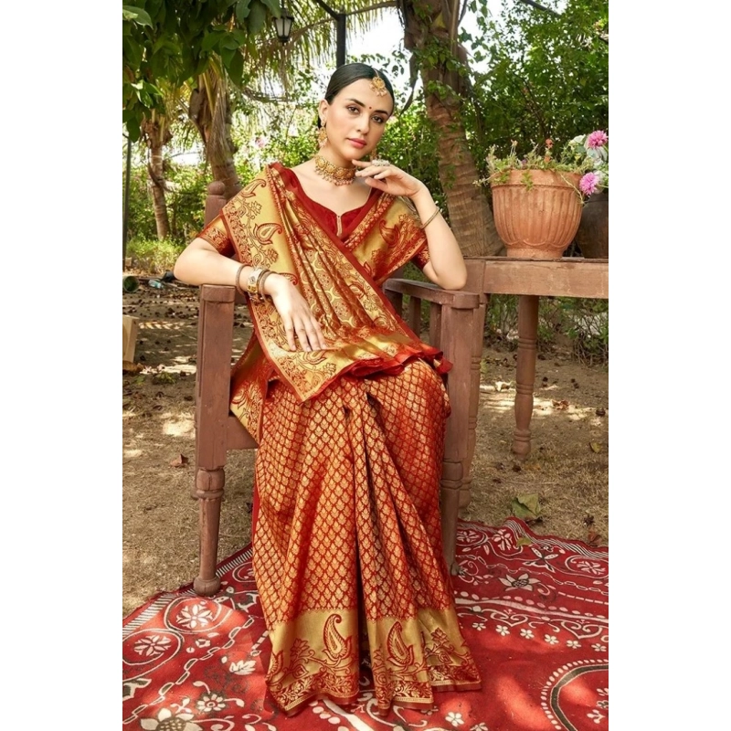 Women's Silk Woven Kanjivaram Saree With Unstitched Blouse (5.5Mtr, Red) Women's Silk Woven Kanjivaram Saree With Unstitched Blouse (5.5Mtr, Red)