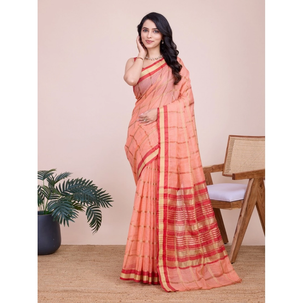 Generic Women's Cotton Silk Checkered Kota Doria Saree With Unstitched Blouse (5.5Mtr, Peach) Generic Women's Cotton Silk Checkered Kota Doria Saree With Unstitched Blouse (5.5Mtr, Peach)