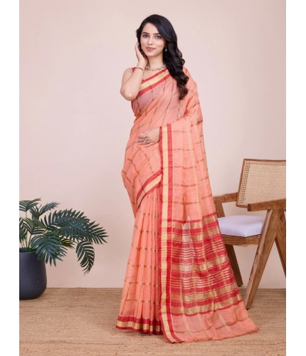 Generic Women's Cotton Silk Checkered Kota Doria Saree With Unstitched Blouse (5.5Mtr, Peach)