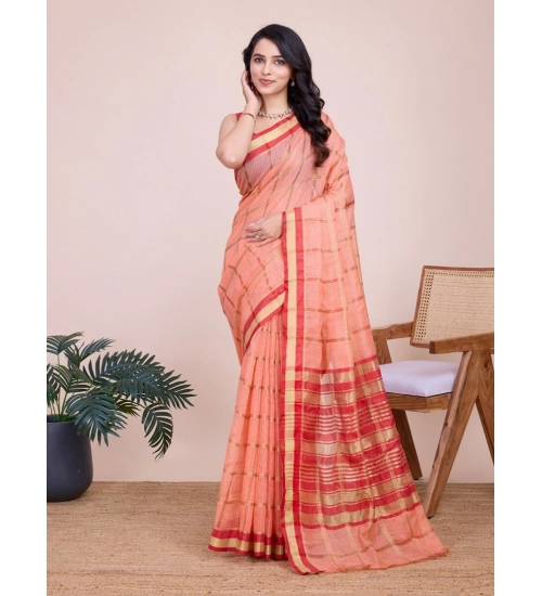 Generic Women's Cotton Silk Checkered Kota Doria Saree With Unstitched Blouse (5.5Mtr, Peach)