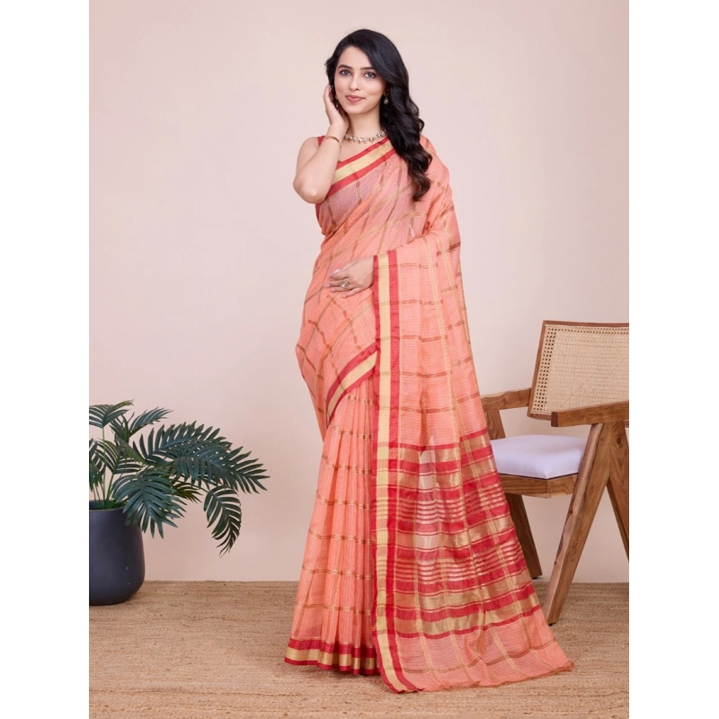 Women's Cotton Silk Checkered Kota Doria Saree With Unstitched Blouse (5.5Mtr, Peach) Women's Cotton Silk Checkered Kota Doria Saree With Unstitched Blouse (5.5Mtr, Peach)