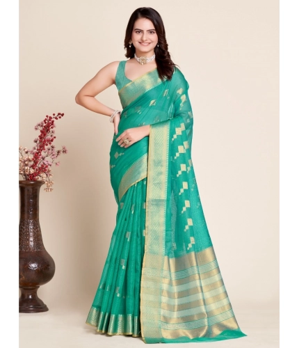 Generic Women's Silk Blend Printed Banarasi Saree With Unstitched Blouse (5.5Mtr, Rama Green)
