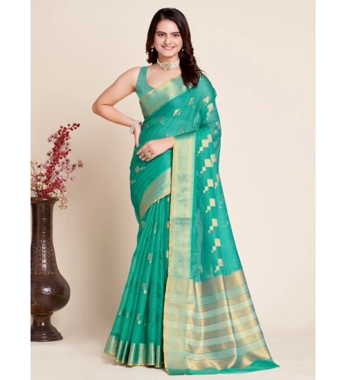 Generic Women's Silk Blend Printed Banarasi Saree With Unstitched Blouse (5.5Mtr, Rama Green)