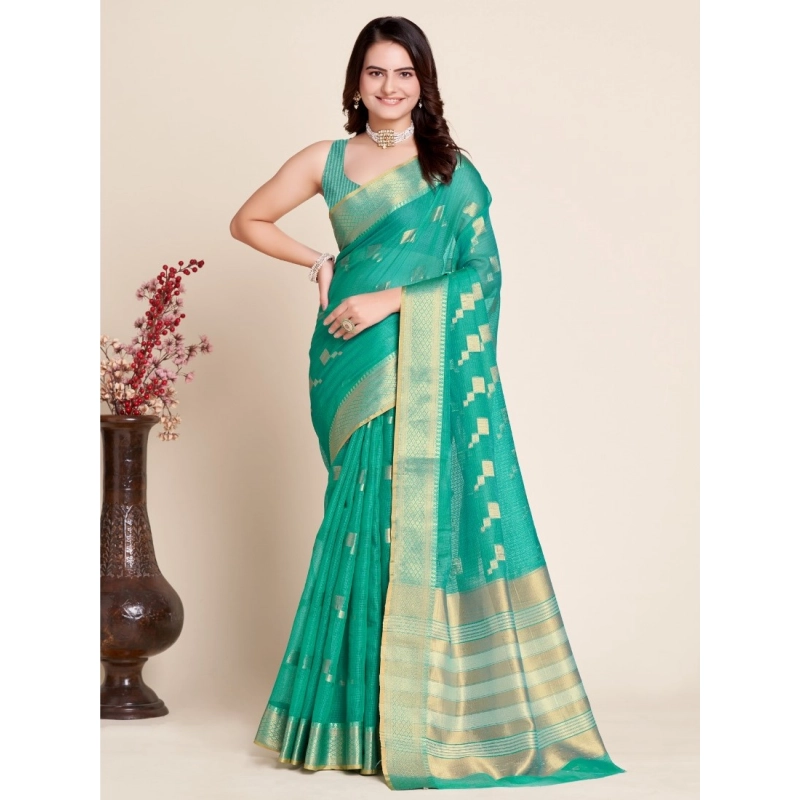 Women's Silk Blend Printed Banarasi Saree With Unstitched Blouse (5.5Mtr, Rama Green)