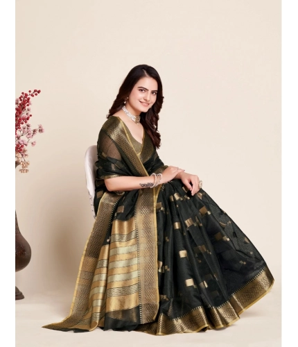 Generic Women's Silk Blend Printed Banarasi Saree With Unstitched Blouse (5.5Mtr, Black)