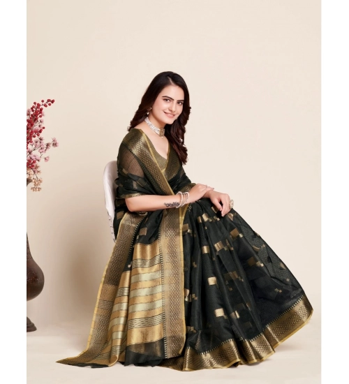 Generic Women's Silk Blend Printed Banarasi Saree With Unstitched Blouse (5.5Mtr, Black)