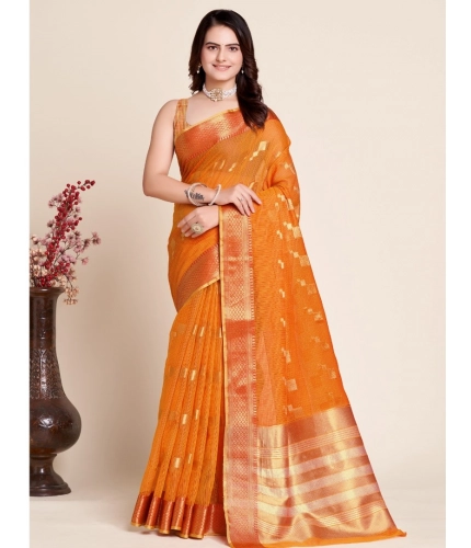 Generic Women's Silk Blend Printed Banarasi Saree With Unstitched Blouse (5.5Mtr, Orange)
